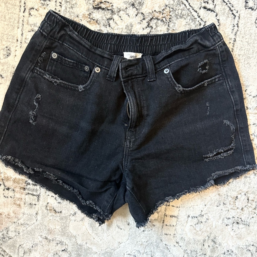 aerie Black Distressed Denim Jean Shorts